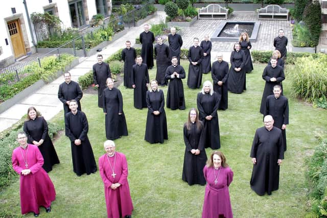 Pictured in the Cathedral Court at Blackburn Cathedral are the 2021 cohort of 24 ordinands serving The Church of England in Lancashire with (front left to right) Rt Rev Philip North, Bishop of Burnley; Rt Rev. Julian Henderson, Bishop of Blackburn and Rt Rev. Dr Jill Duff, Bishop of Lancaster 
Photo: Sara Cuff for Blackburn Diocese