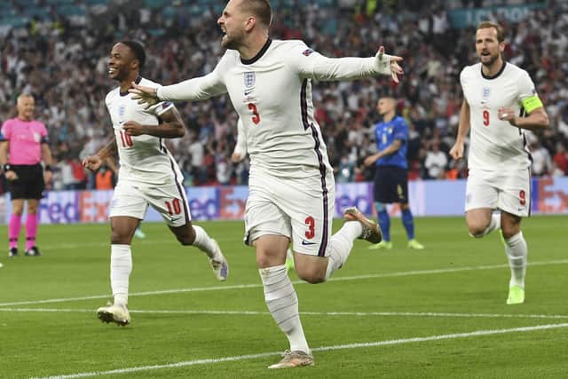Luke Shaw celebrates giving England an early lead in the Euro 2020 final against Italy at Wembley
