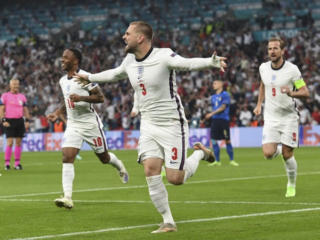 Luke Shaw celebrates giving England an early lead in the Euro 2020 final against Italy at Wembley