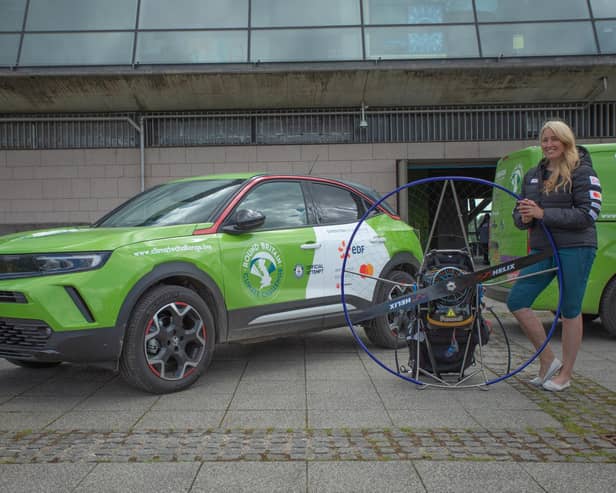 Sacha Dench at the launch of her Round Britain Climate Challenge, which is a 3,000-mile circumnavigation of mainland Britain by Sacha with an electric paramotor. The expedition is designed to inspire and excite the nation to get involved in tackling the climate crisis Picture: CONSERVATION WITHOUT BORDERS