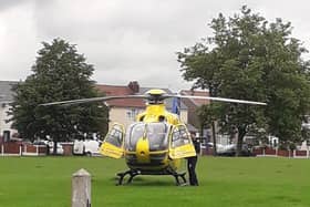 The air ambulance landed at around 9.20am in a field next to Mercer Road, close to Moor Hey School, in Lostock Hall. Pic credit: Mick Salthouse