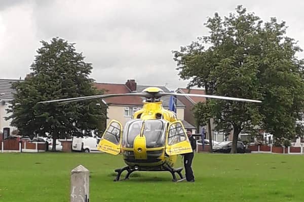 The air ambulance landed at around 9.20am in a field next to Mercer Road, close to Moor Hey School, in Lostock Hall. Pic credit: Mick Salthouse