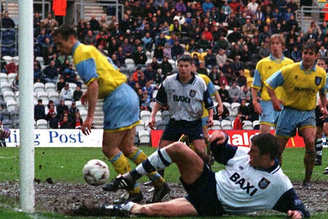 Jamie Squires scores the goal which clinched Preston North End's reserves the Pontins League title in May 1997