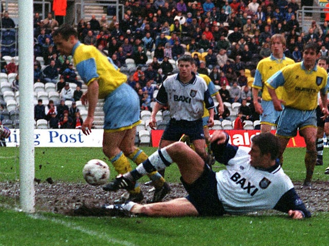 Jamie Squires scores the goal which clinched Preston North End's reserves the Pontins League title in May 1997