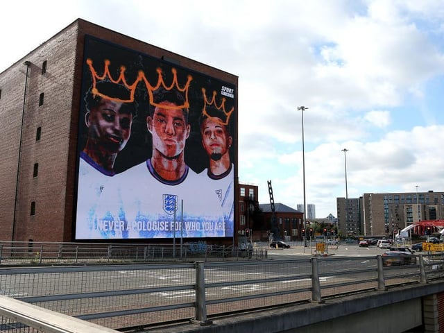 A Giant mural in support of the three England footballers Marcus Rashford, Jadon Sancho and Bukayo Saka has been unveiled in Manchester