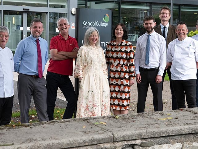 From left: Chef lecturer Yannick Lequitte; college principal Kelvin Nash; head of faculty for leisure and service industries Richard Axford; organisers Michaela Robinson-Tate and Lindsay Molloy; Booths specialist manager Dan Atherton; MD of Barrnon Media John Holliday; hospitality lecturer Paul Waring and food service and wine tutor Graeme Hedley. Picture by Phil Rigby.