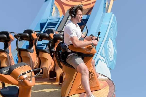 Jordan enjoying the thrills of the Avatar Airbender ride at the Pleasure Beach yesterday (Monday, July 19). Pic: Jordan North/BBC