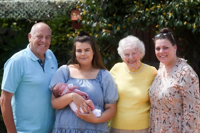 Dave Swift, Rhianna Taylor, Joyce Swift and Julie Swift get together to meet baby Romi Isabella, the fifth generation member of the family. Pic: Daniel Martino/JPI Media