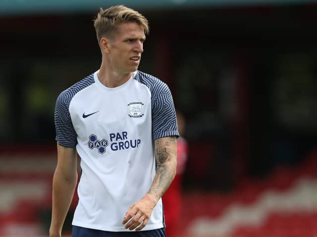 Emil Riis in action for PNE against Accrington Stanley.