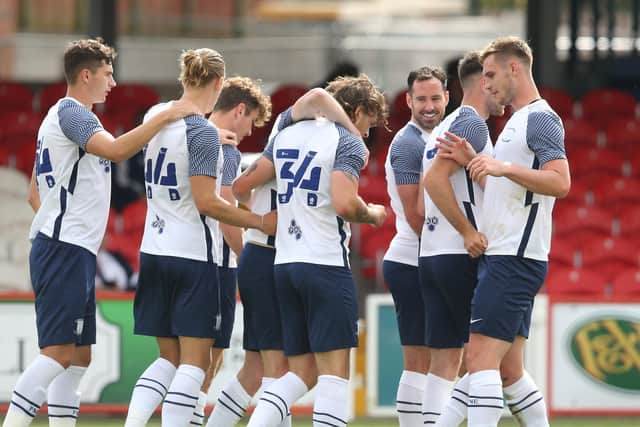 PNE trialist Jamie Thomas (No.34) celebrates his goal at Accrington Stanley