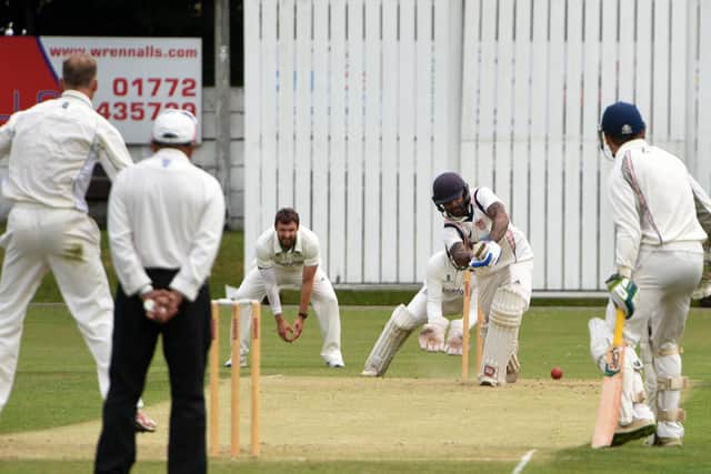 Blackpool pro Shivam Chauhan on his way to a century against Leyland at Fox Lane