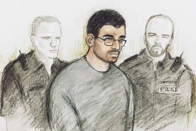 Court artist sketch by Elizabeth Cook of Hashem Abedi in the dock at Westminster Magistrates' Court in London in 2019