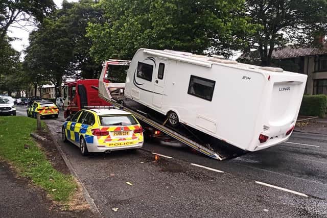 One of the stolen caravans being loaded onto a recovery vehicle (Photo: Lancs Road Police).