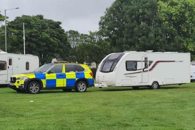 One of six caravans being towed away by police (Photo: Lancs Road Police).