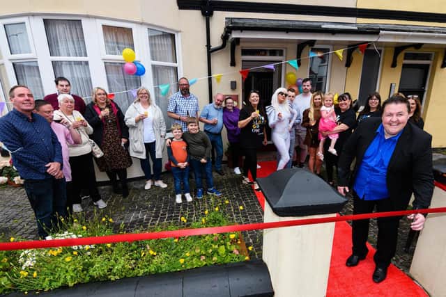 Peter Kay tribute act Simon Mark opens the Northdene Theatre Hotel in Bispham with Jayne and supporters