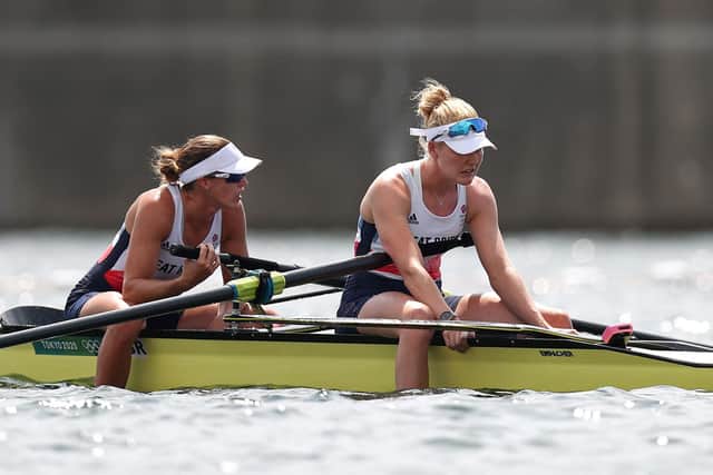 Polly Swann, front, and Helen Glover look dejected after missing out on a medal