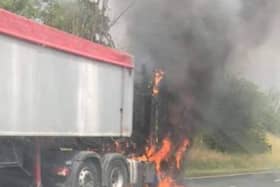 A HGV burst into flames on the A59 in Sawley, Lancashire. (Credit: @Clitheroe_Fire)