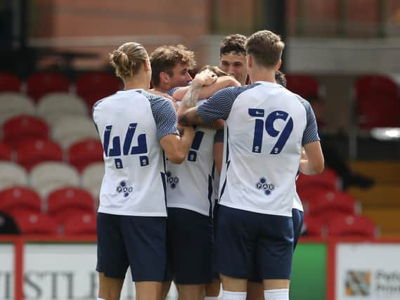 Preston North End celebrate their goal at Accrington Stanley