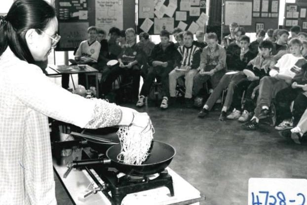 Crofton High School. Mrs Yukching Lawson gives a cookery demonstration to pupils. Taken 28.3.1993.