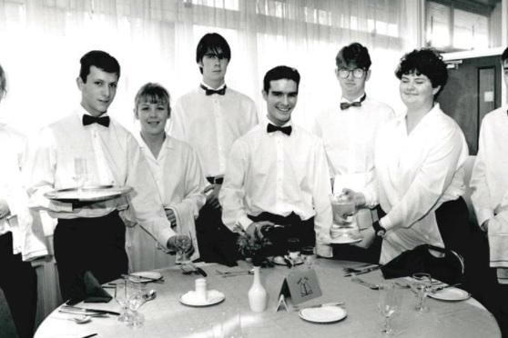 Wakefield District College. Catering students in the training restaurant. Published in the Midweek Extra 31.10.1991.