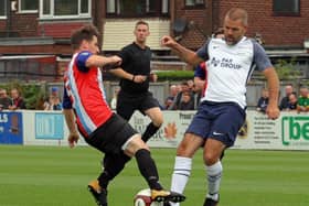 John Welsh of the PNE Legends XI tackles Bamber Bridge Vets' Mitch Newsome          Photo: Steve Taylor Photography