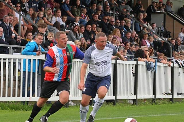 Former PNE skipper Ian Bryson in action against Bamber Brig Vets   Photo: Steve Taylor Photography