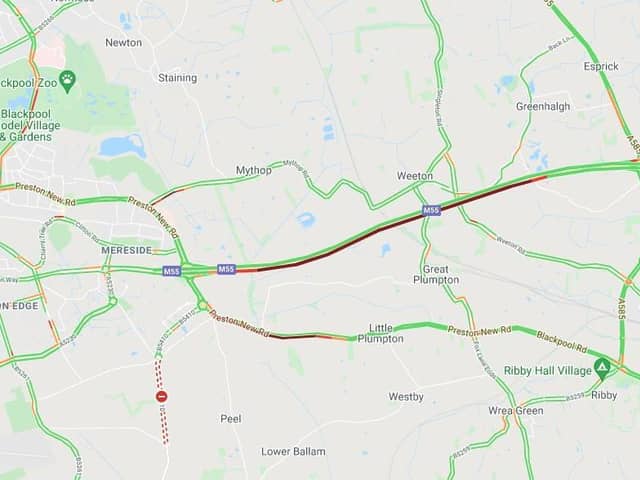 '40 minute delays' were reported after a crash closed two lanes on the M55 near Blackpool. (Credit: AA)