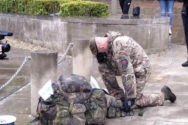 James sobbed at the war memorial in Preston after completing his 154-mile trip