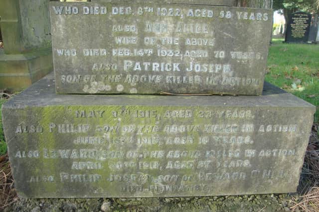 The O’Neill brothers mentioned on a family gravestone in Chorley.
Picture courtesy of Stuart Clewlow