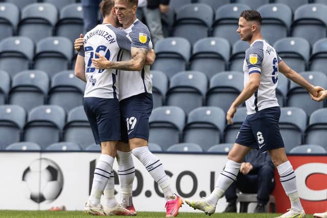 Emil Riis is congratulated by Tom Barkhuizen after giving PNE the lead against Hull CIty at Deepdale