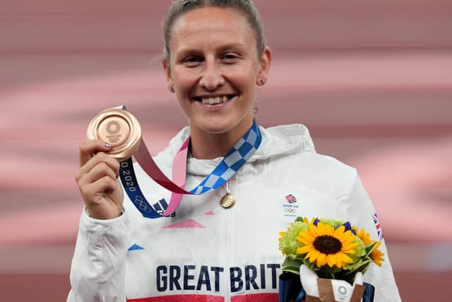 Great Britain's Holly Bradshaw celebrates with the bronze medal for the the Women's Pole Vault Final at the Olympic Stadium on the fourteenth day of the Tokyo 2020 Olympic Games in Japan