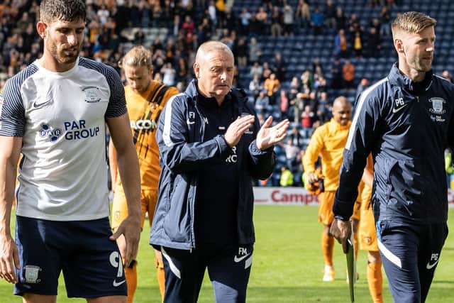 Preston North End head coach Frankie McAvoy at full-time with Ched Evans and Paul Gallagher