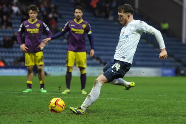 Joe Garner puts away a penalty for PNE against Notts County at Deepdale