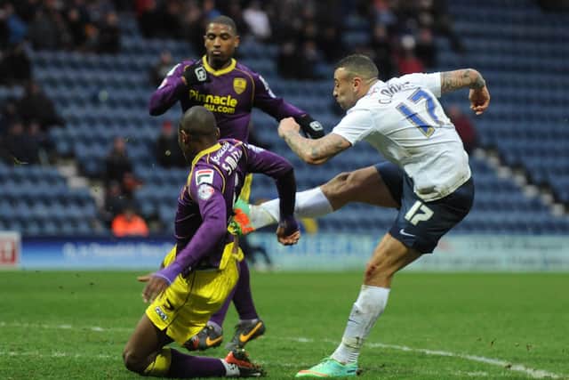 Craig Davies fires PNE ahead against Notts County at Deepdale in February 2014