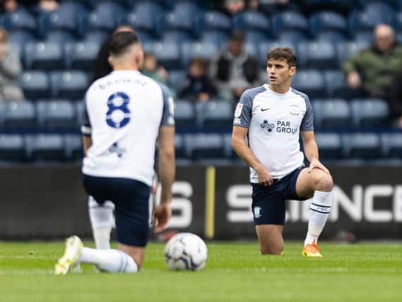 PNE captain Alan Browne (left) and Ryan Ledson (right) take the knee before their game against Hull City.