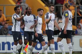 Scott Sinclair celebrates with his Preston North End team-mates after scoring against Mansfield at Field Mill