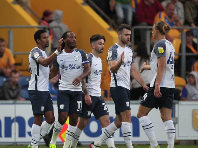 Scott Sinclair celebrates with his Preston North End team-mates after scoring against Mansfield at Field Mill