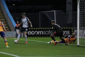 Emil Riis scores PNE's second goal of the night in their 3-0 win over Mansfield Town.