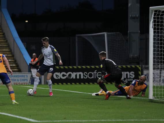 Emil Riis scores PNE's second goal of the night in their 3-0 win over Mansfield Town.