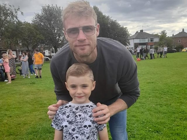 Andrew 'Freddie' Flintoff and Leyland youngster Dawson Grime during the cricket and TV star's surprise visit to the Broadfield estate on Monday (August 9). Pic: Rachel Grime