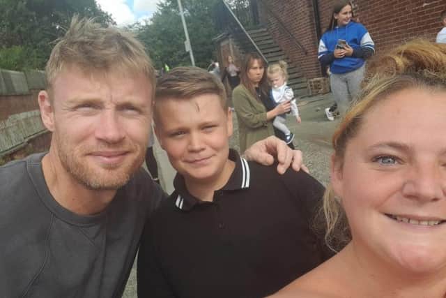 Leyland mum and Flintoff fan Rachel Grime was 'over the moon' to meet the Lancashire legend in her hometown, along with her son Antony. Pic: Rachel Grime