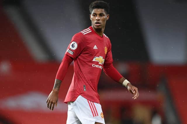 Marcus Rashford of Manchester United in action during the Premier League match between Manchester United and Chelsea at Old Trafford on October 24, 2020 in Manchester, England. Sporting stadiums around the UK remain under strict restrictions due to the Coronavirus Pandemic as Government social distancing laws prohibit fans inside venues resulting in games being played behind closed doors. (Photo by Michael Regan/Getty Images)