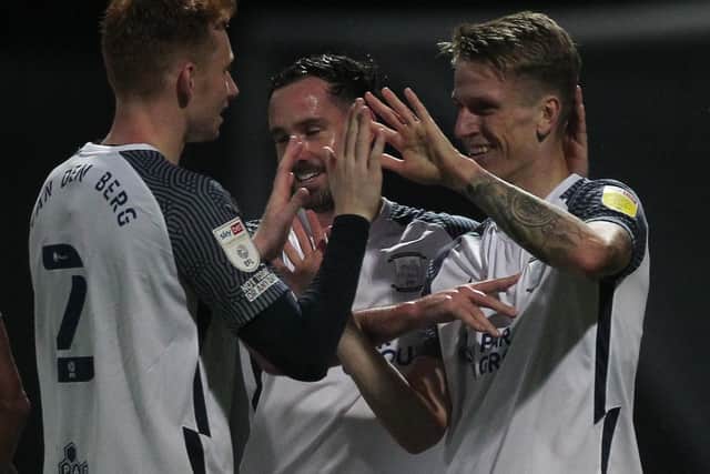 Emil Riis celebrates scoring Preston North End's second goal in the 3-0 win against Mansfield Town