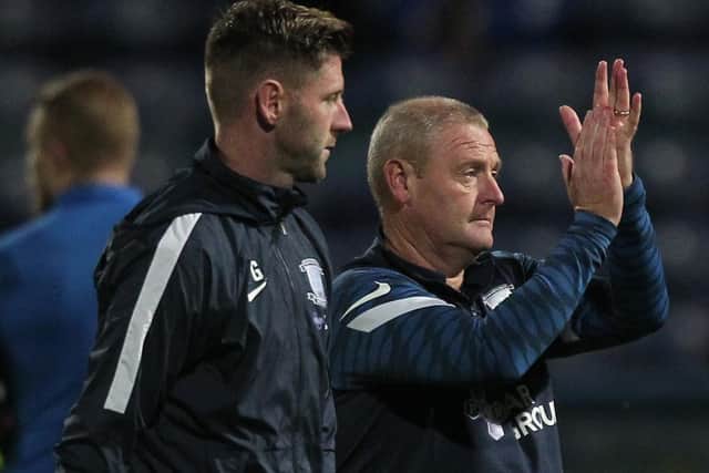 PNE head coach Frankie McAvoy applauds the fans at Field Mill