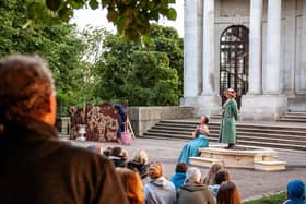 A scene featuring Helen Longworth and Clare Storey from The Dukes production of Grimm Tales in Williamson Park, Lancaster. Picture by Grant Archer.