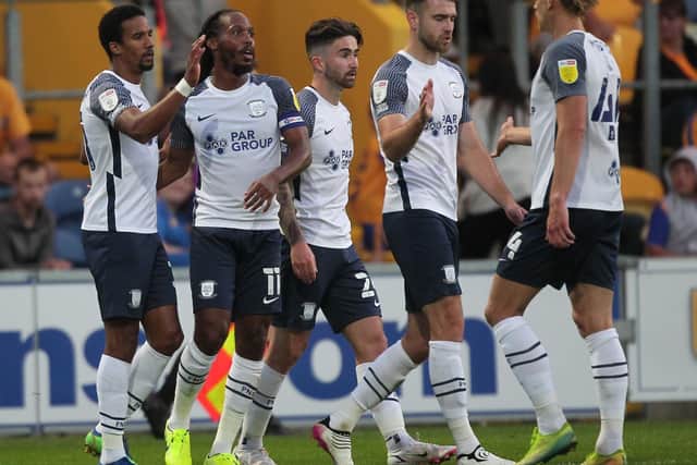 Preston North End players celebrate Scott Sinclair's first goal against Mansfield in midweek.