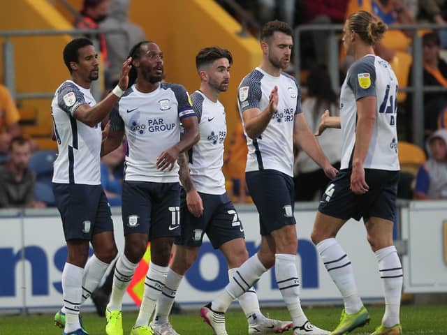 Preston North End players celebrate Scott Sinclair's first goal against Mansfield in midweek.