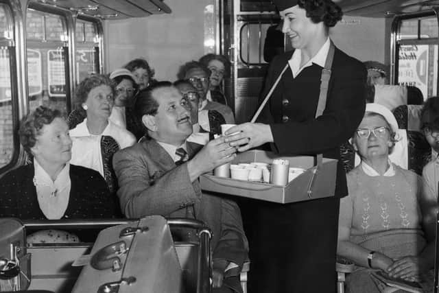 Passengers on board a luxury coach to Blackpool in 1960