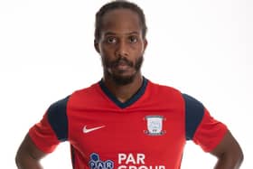 Daniel Johnson in Preston North End's new red and navy blue third kit      Pic: Courtesy of PNE