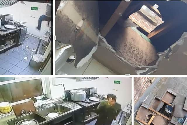 The startling footage shows the man crashing through the ceiling of the Shahi Tandoori in Ribbleton Lane at around 6.20am on Sunday (August 15). Pics: Shahi Tandoori